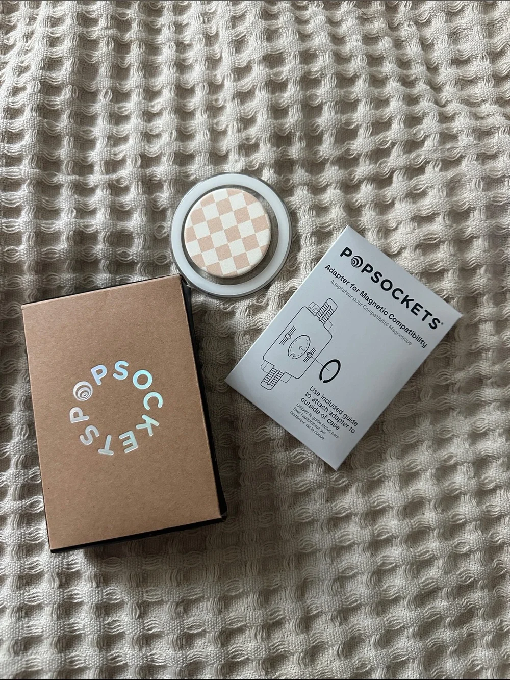 PopSocket Beige Checkered Phone Grip with instructions and box